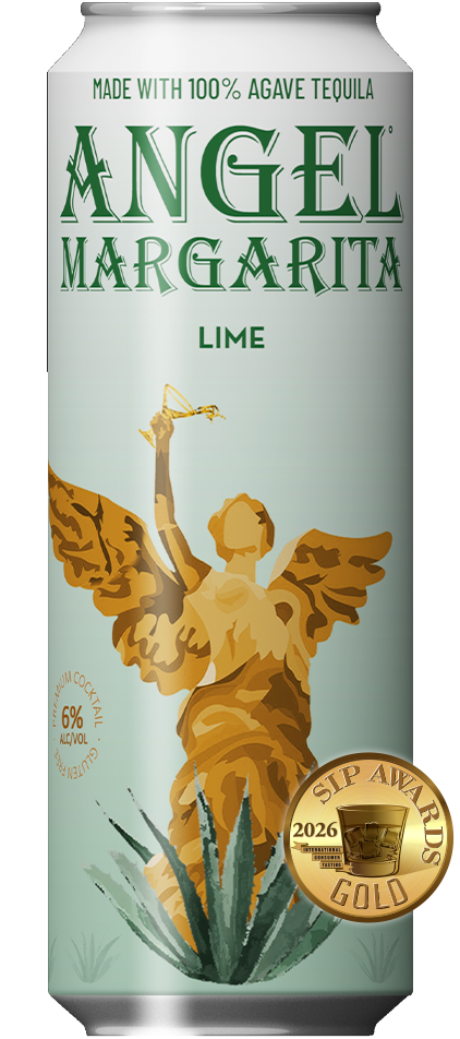 A vibrant lime-green can of Angel Margarita Lime cocktail featuring the gold Angel logo.