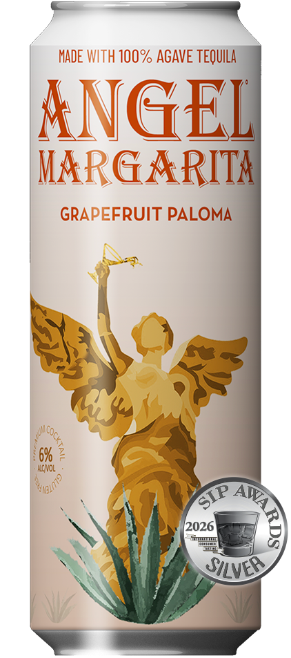 A soft pink can of Angel Margarita Grapefruit Paloma cocktail showcasing the golden Angel illustration.