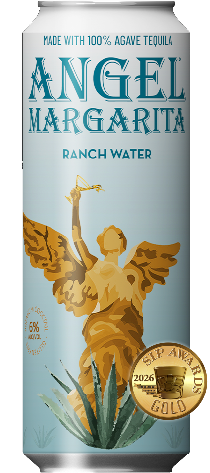 A crisp, clean white can of Angel Margarita Ranch Water sparkling tequila cocktail.