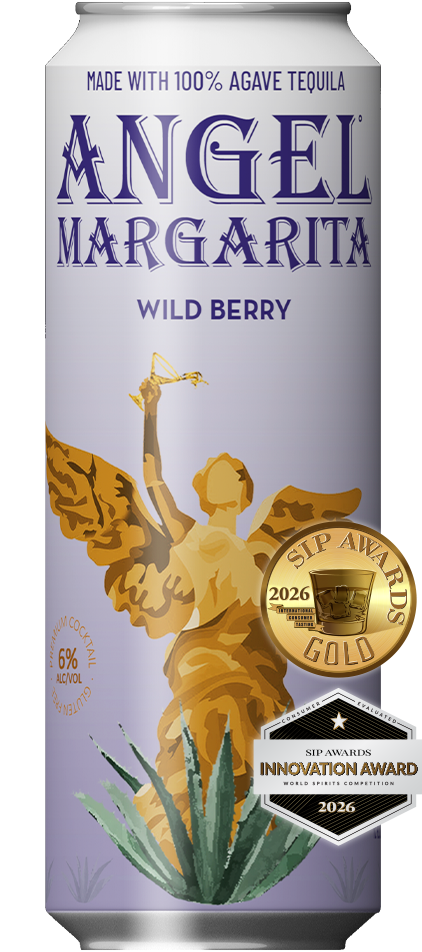 A deep purple-blue can of Angel Margarita Wild Berry flavor with gold metallic details.