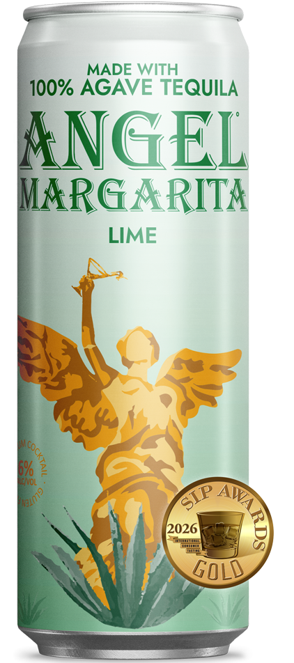 A vibrant lime-green can of Angel Margarita Lime cocktail featuring the gold Angel logo.