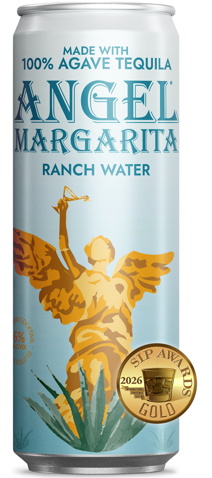 A crisp, clean white can of Angel Margarita Ranch Water sparkling tequila cocktail.