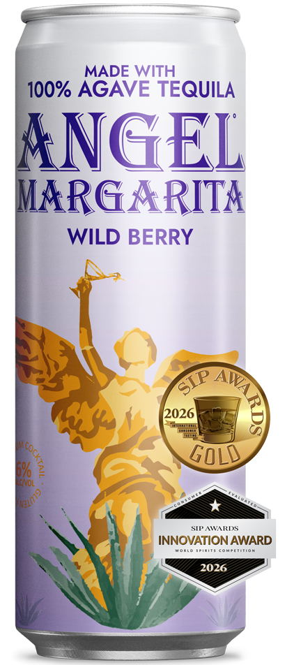 A deep purple-blue can of Angel Margarita Wild Berry flavor with gold metallic details.